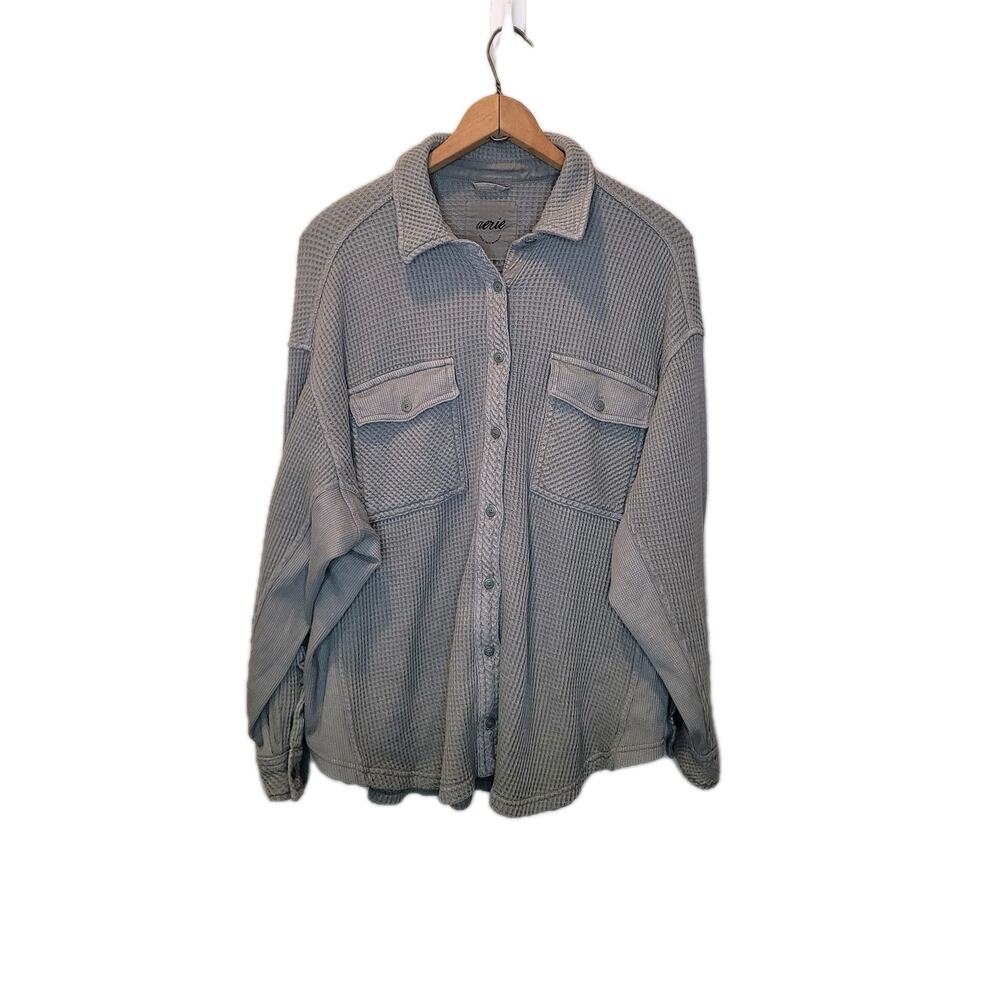 Aerie Womens Green Lumber Jane Waffle Knit Button Down Shirt Small Oversized